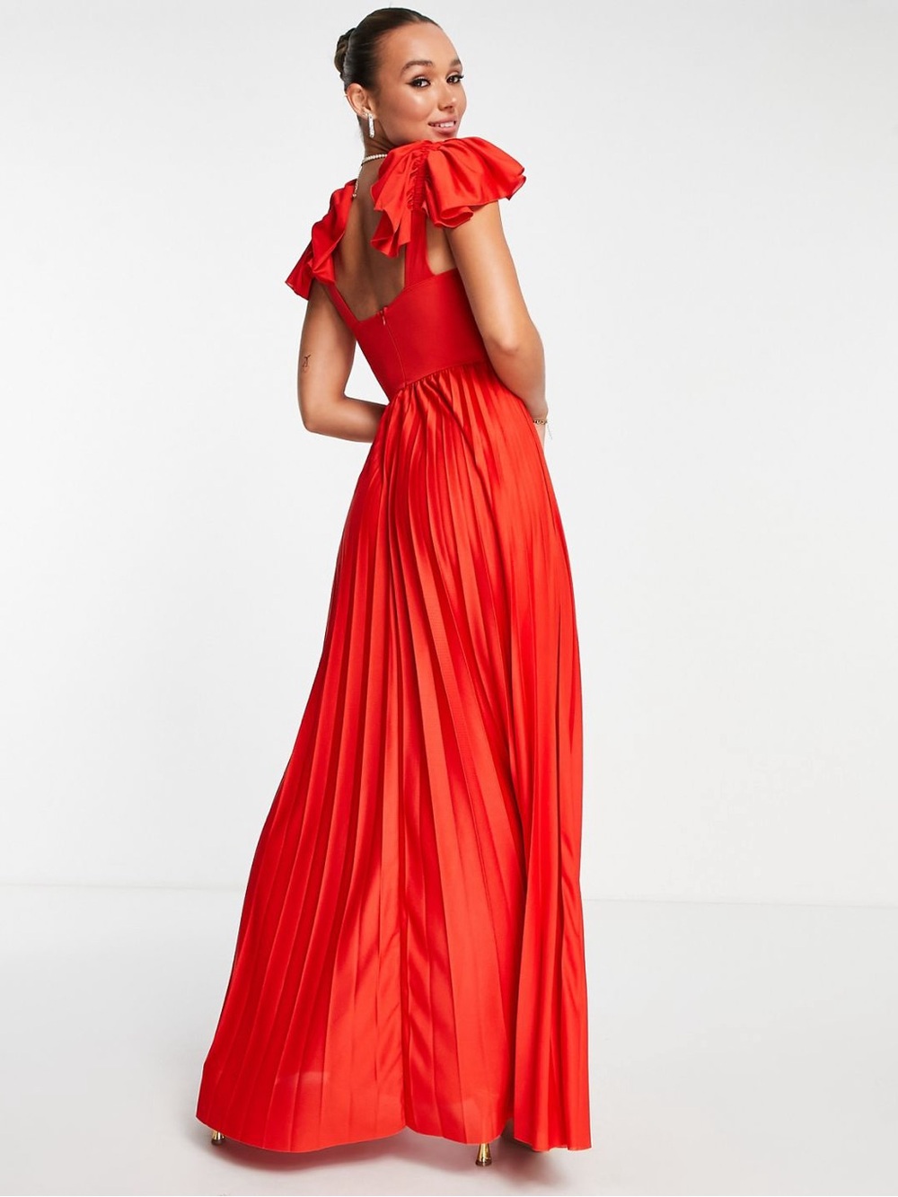 ASOS DESIGN Tall Coral Pleated Maxi Dress Ruffle Shoulder Slit UK18 EU46 - Picture 5 of 12